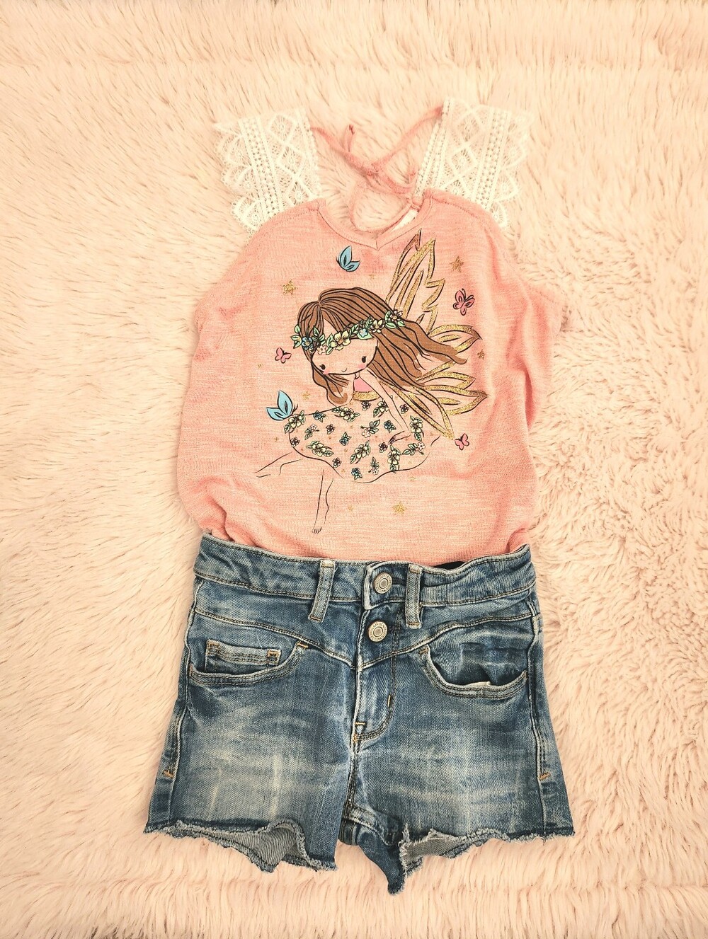 Fairy Lace- Trim Tank Top & Gap Jean Shorts Set